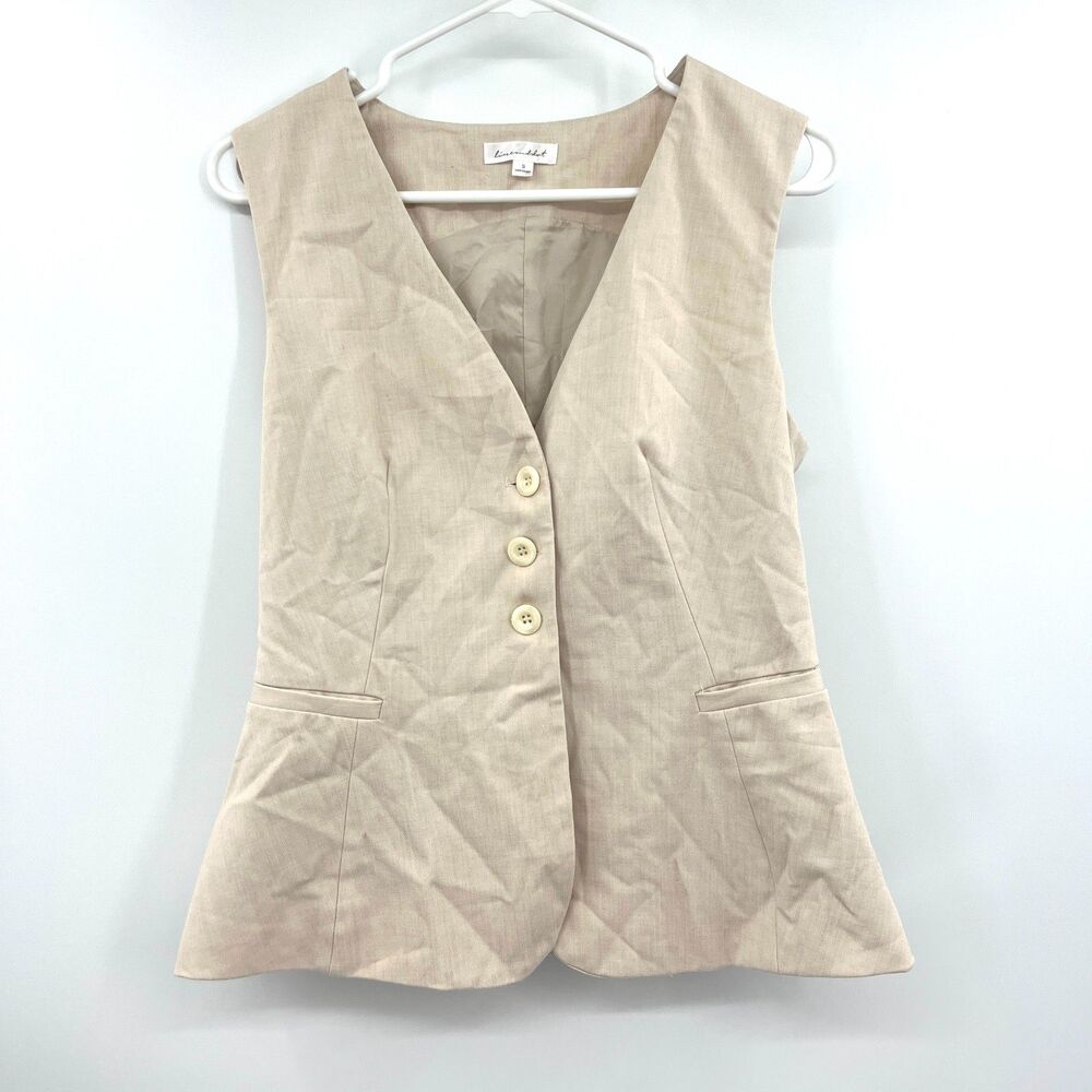 Line and Dot Women's Vest S Beige Tan Button Front V-Neck Longline Waistcoat